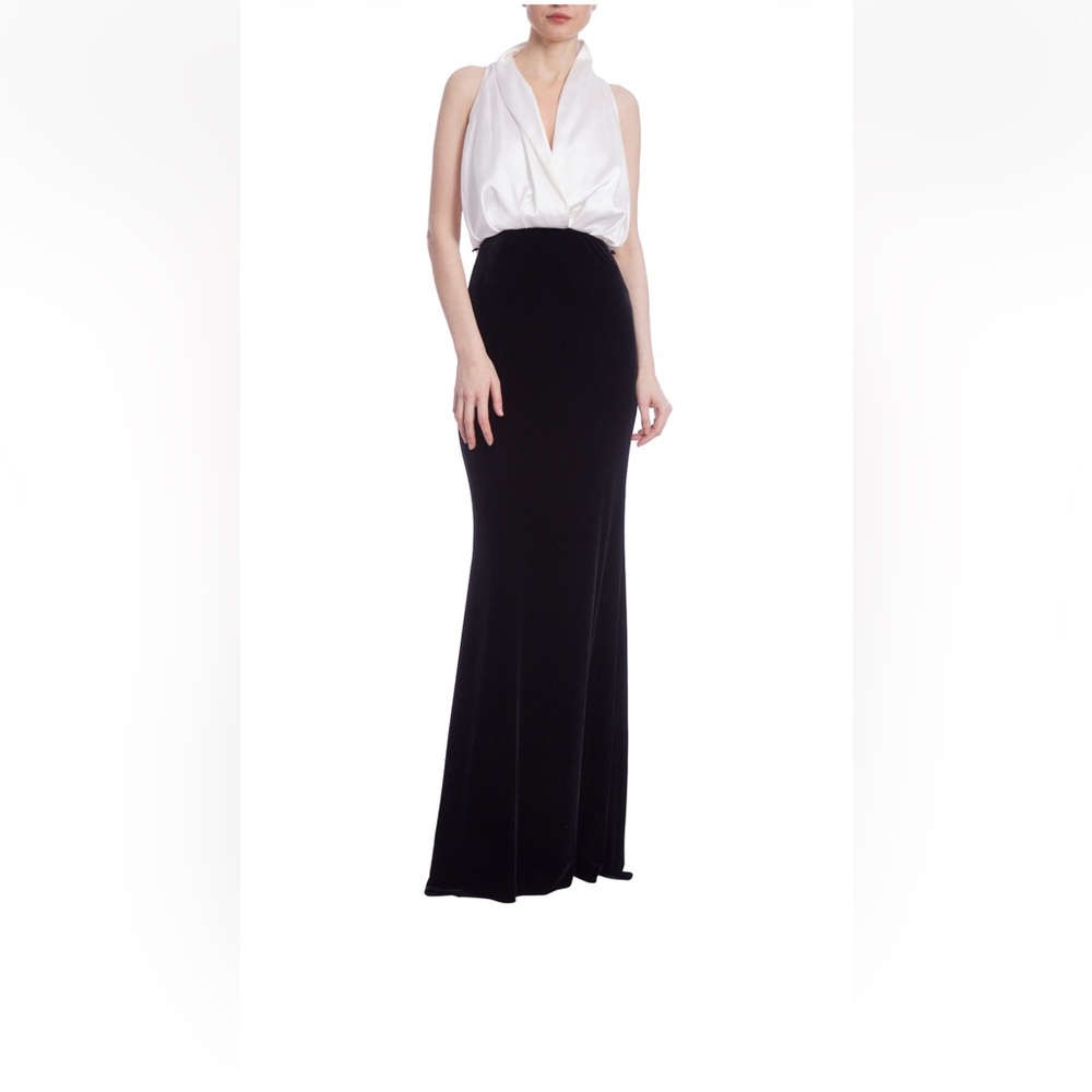 Badgley Mischka Black Ivory Halter Gown Two Tone Formal Dress Elegant Evening